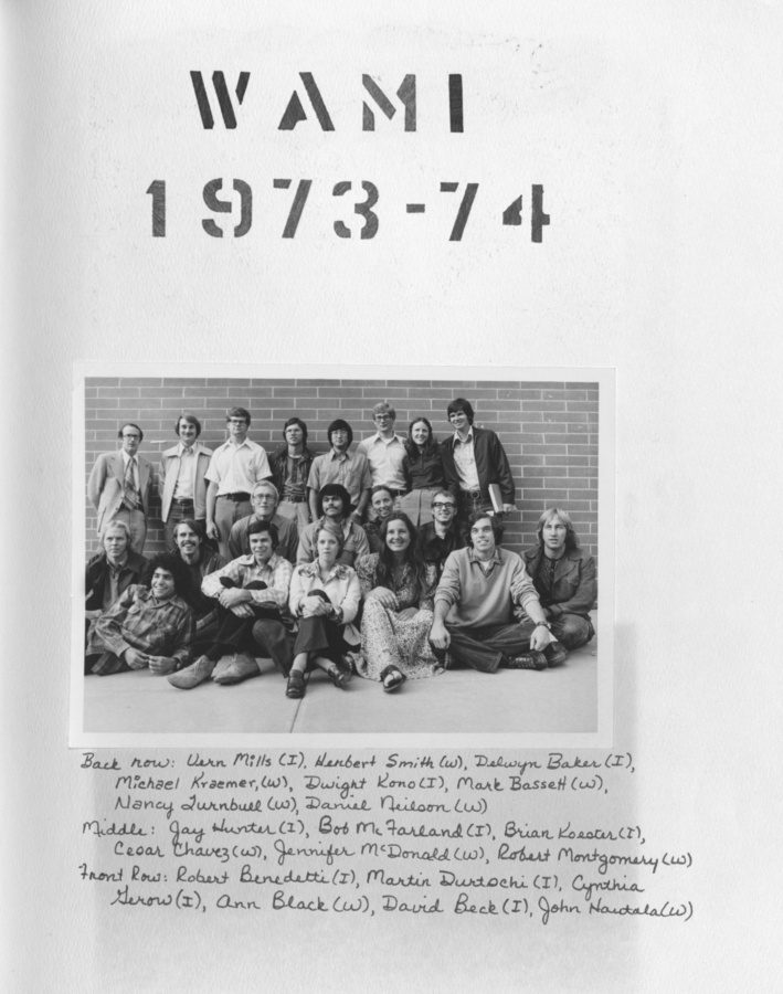 A group photograph of the WAMI 1973-74 cohort, with names of the students listed below the photograph.