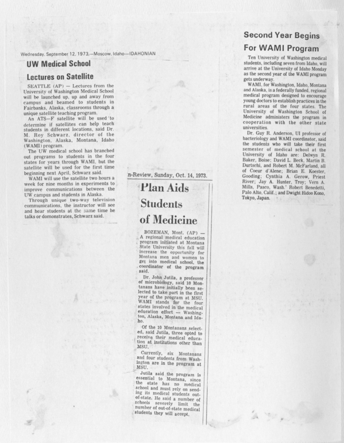 Newspaper clippings discussing the aid plan for medical students, another on the second year of the WAMI program, and the last on UW medical school lectures.