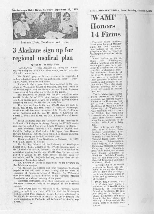 Newspaper clippings discussing three Alaskan students signing up for the WAMI program, and another honoring 14 firms that supported the WAMI program.