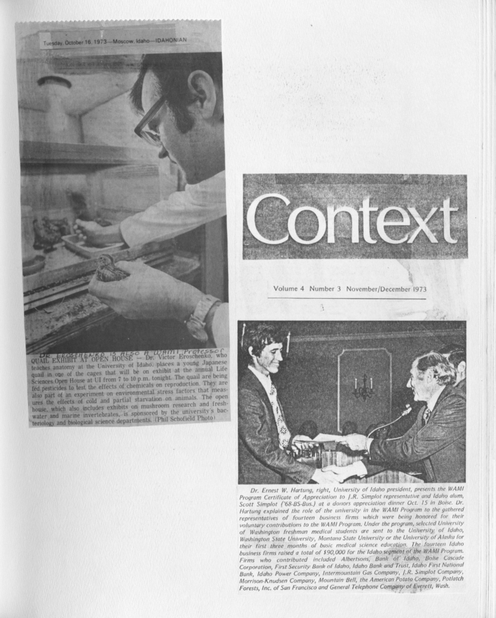 Two newspaper clippings featuring Dr. Eroschenko's quail exhibit at the University of Idaho and Dr. Ernest M. Hartung awarding a WAMI student.