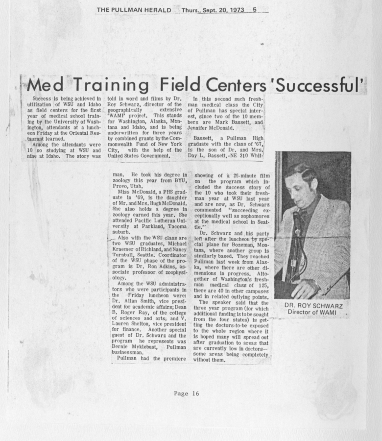 An article from The Pullman Herald detailing the success of medical training field centers, with Dr. Roy Schwarz's involvement.