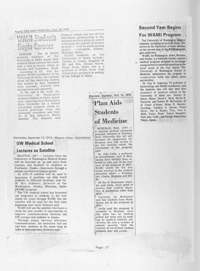 Newspaper clippings discussing the aid plan for medical students, the second year of the WAMI program, UW medical school lectures on satellite, and WAMI students beginning careers.