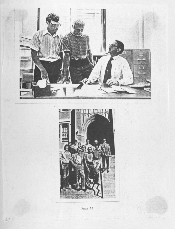 Photographs showing WAMI students in an office setting and a group photo of the students outside a building.