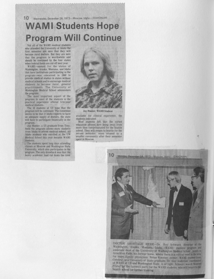 Newspaper clippings featuring WAMI student Jay Hunter discussing the continuation of the WAMI program, and another with Dr. Roy Schwarz addressing doctor shortages.