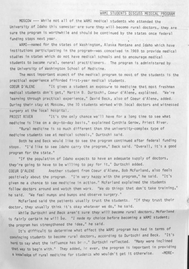 A detailed article discussing the experiences and opinions of WAMI medical students on the rural medical program. The article includes insights from students in various locations including Troy, Boise, Tacoma, Coeur d'Alene, Gooding, Priest River, Pasco, Seattle, and Japan.