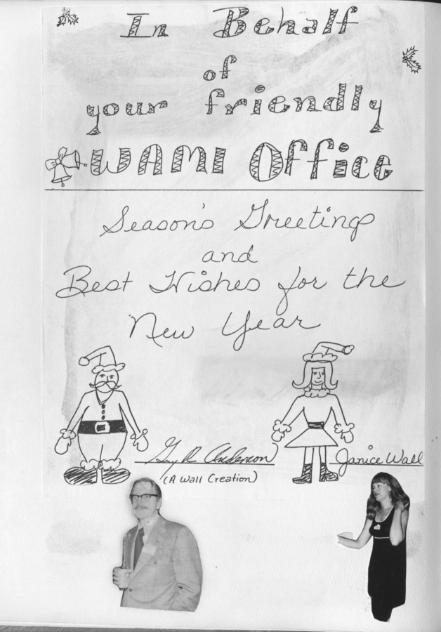 A season’s greeting scrapbook page from the WAMI Office, featuring festive drawings and cutouts of staff members.