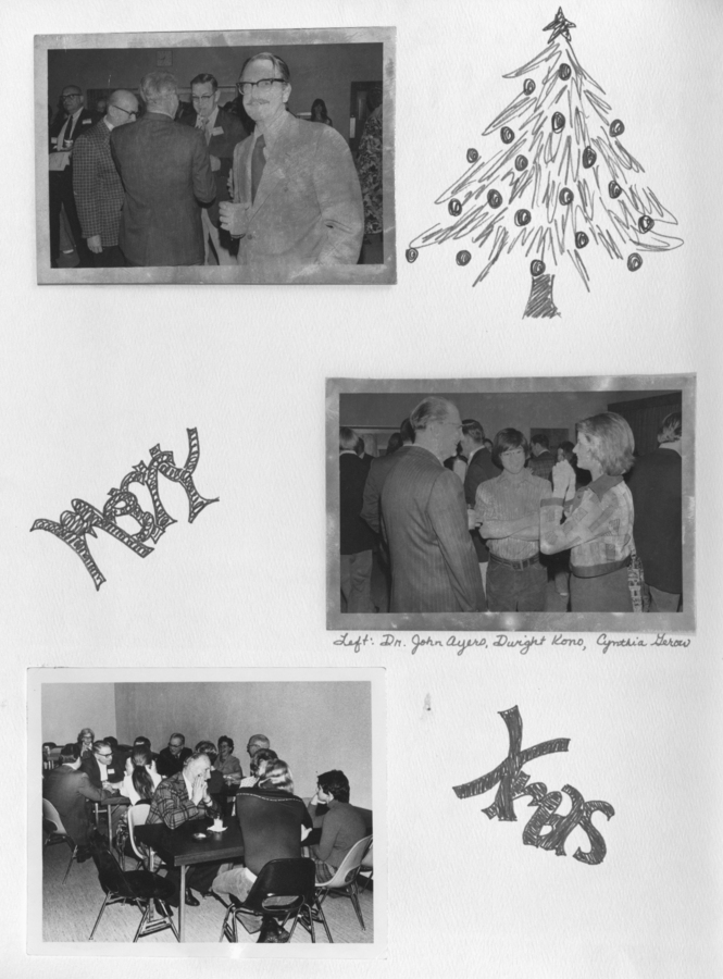 Photographs of a final night party including social interactions among participants.