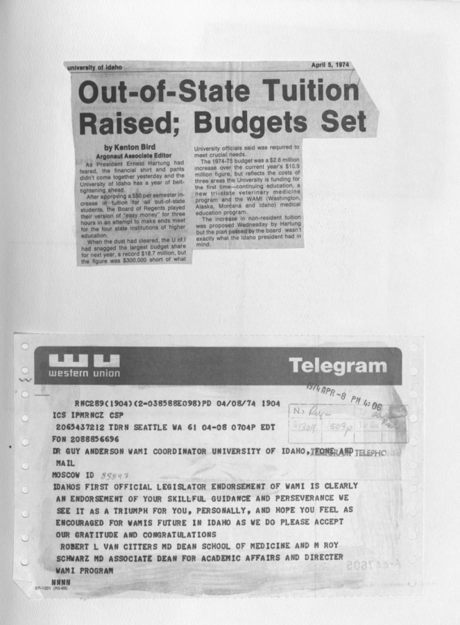 A newspaper clipping discussing the increase in out-of-state tuition and the new budget allocations and accompanied by a congratulatory telegram.