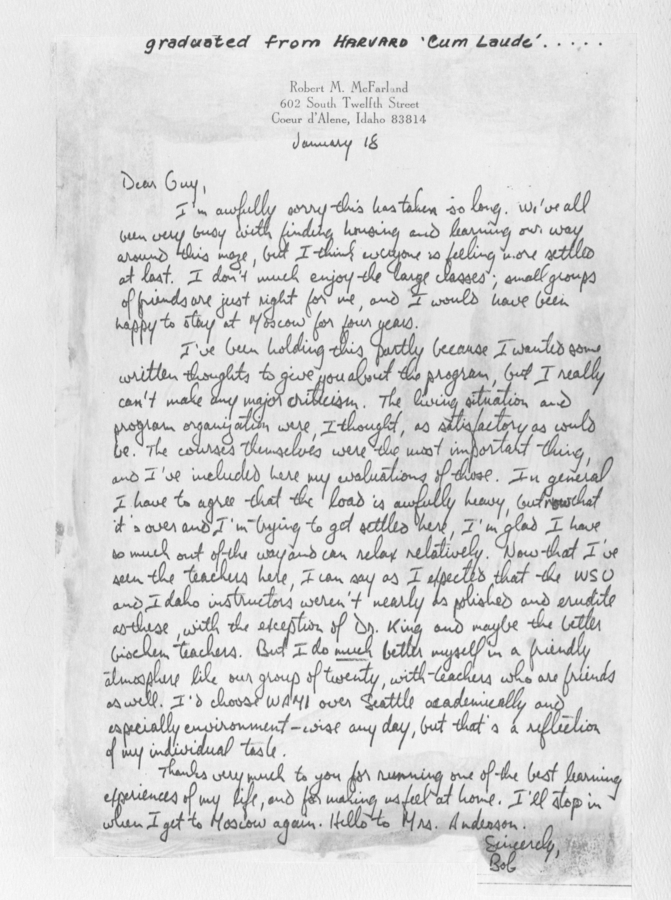 A handwritten letter from Robert M. McFarland expressing gratitude and reflecting on his experiences in the WAMI program.