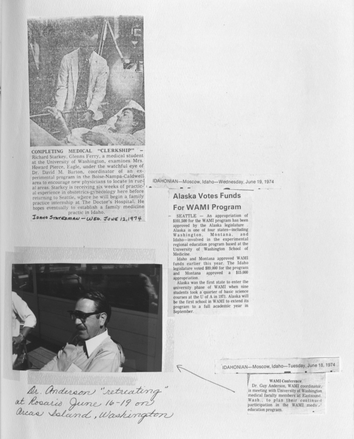 Various clippings and photograph depicting Dr. Anderson's activities, including completing a medical clerkship, participating in a retreat, and receiving news about Alaska funding for the WAMI program.