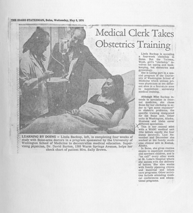 A newspaper clipping showing Linda Backup, a medical clerk, completing four weeks of obstetrics training. She is helping a patient, Mrs. Sally Brown, with Dr. David Barton supervising.