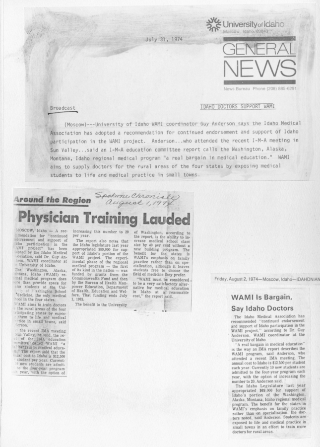 A press release endorsing WWAMI program, a newspaper clipping lauding physician training in the region, and another clipping stating Idaho Medical Association's endorsement for WAMI