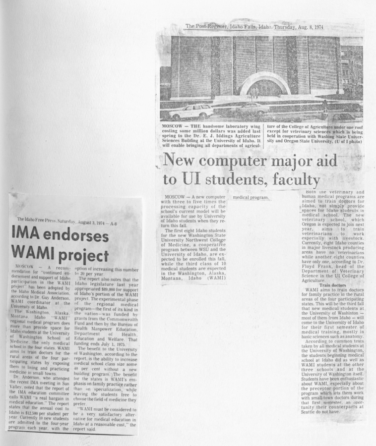 Newspaper clippings featuring the Idaho Medical Association endorsing the WAMI project, and another about the new computers to aid WAMI faculty and students.