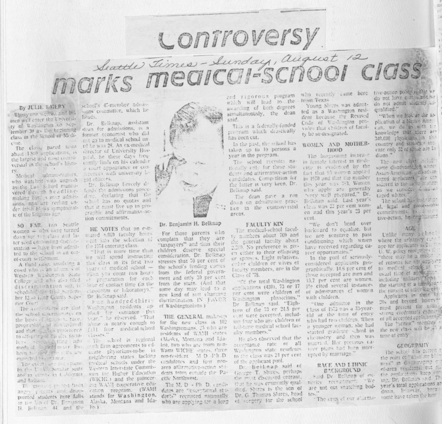 A newspaper clipping from Seattle Times discussing the controversy surrounding the medical school class admissions and selection process.