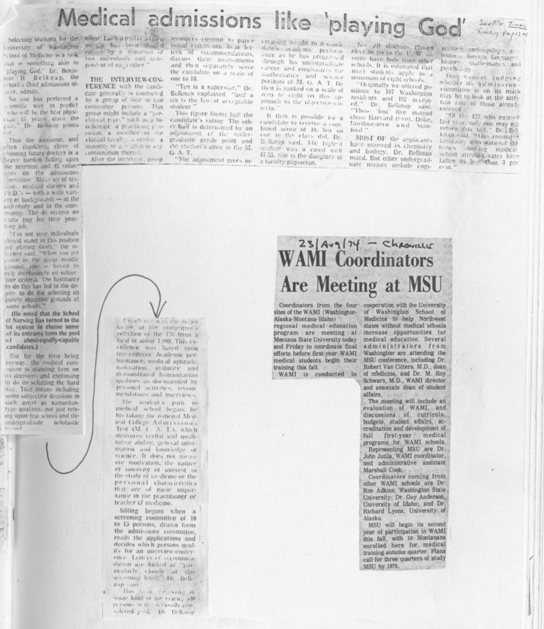 Newspaper clippings discussing the high-stakes nature of medical admissions, and another about WAMI coordinators meeting at Montana State University