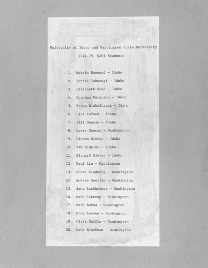 A list of WAMI students for the academic year 1974-75 from the University of Idaho and Washington State University.