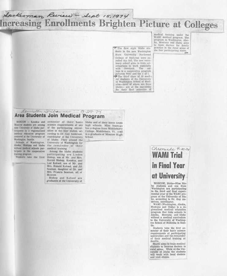 Newspaper clippings discussing increasing enrollments, students joining the WAMI program, and the final year trial of the WAMI program at the University of Idaho.