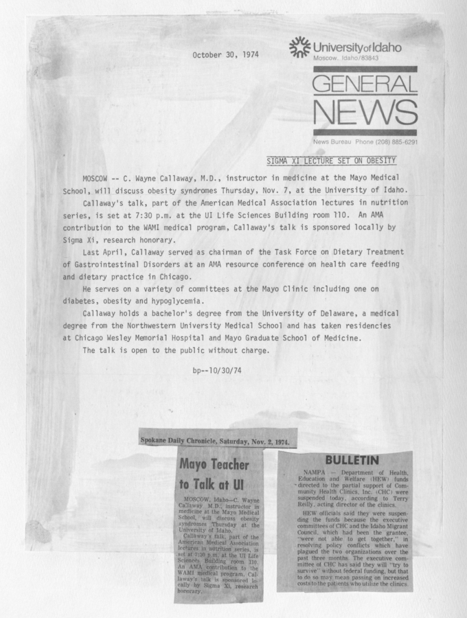 A press release and newspaper clipping about a talk by C. Wayne Callaway and a bulletin about related events.