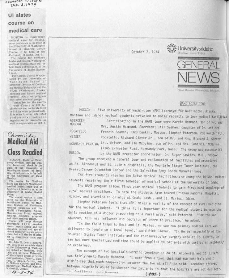 Newspaper clippings about the readiness of a medical aid class at UI, including course objectives and participating students and a press release about the participation of University of Washington medical students in a course at UI, detailing student names and course information.