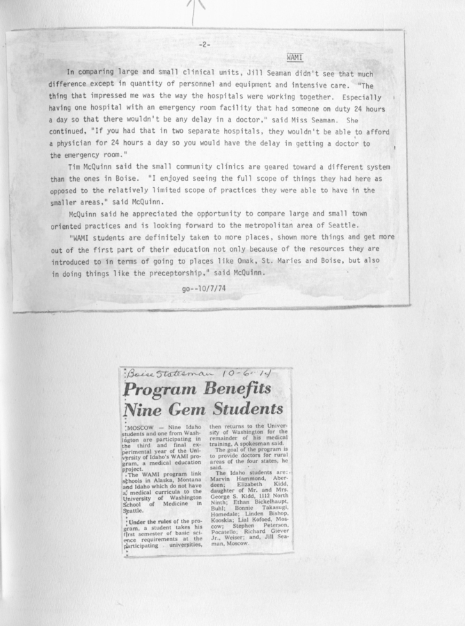 A newspaper clipping detailing the benefits of the WAMI program for nine students from various regions and the continuation of press release on UW medical students' participation.