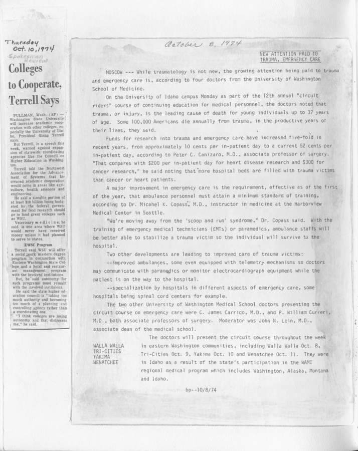 A newspaper clipping about colleges cooperating, featuring WSU President Terrell's comments and a press release on advancements in trauma and emergency care.