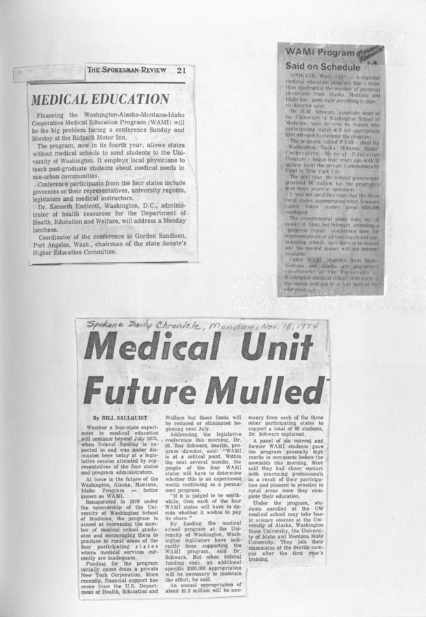 Newspaper clippings on medical education initiatives in the region, WAMI Program updates, confirming it is on schedule and the future prospects of the WAMI program.