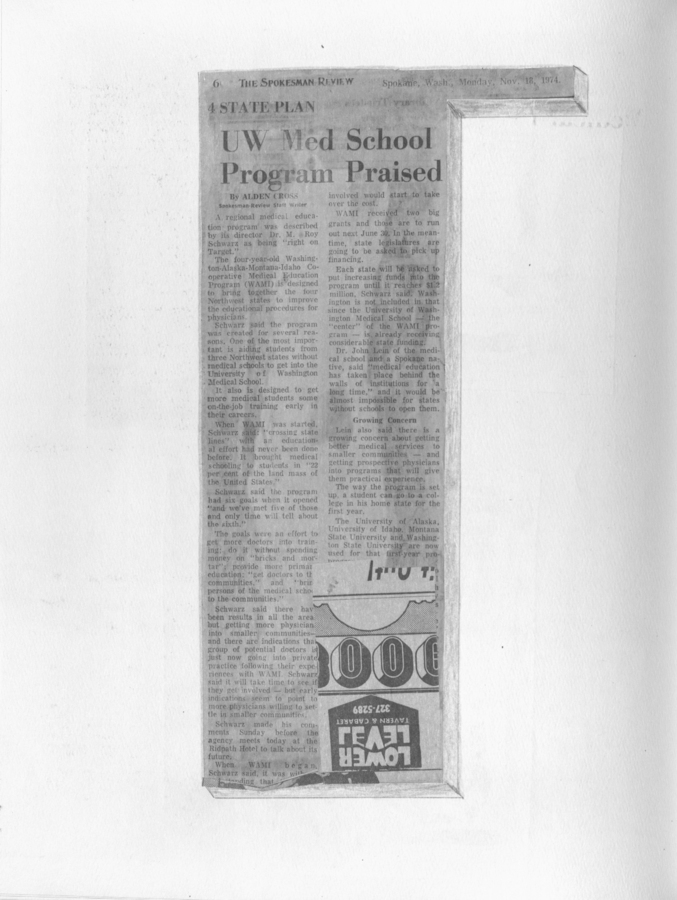 A newspaper clipping praising the University of Washington's medical school program and its impact on regional medical training.