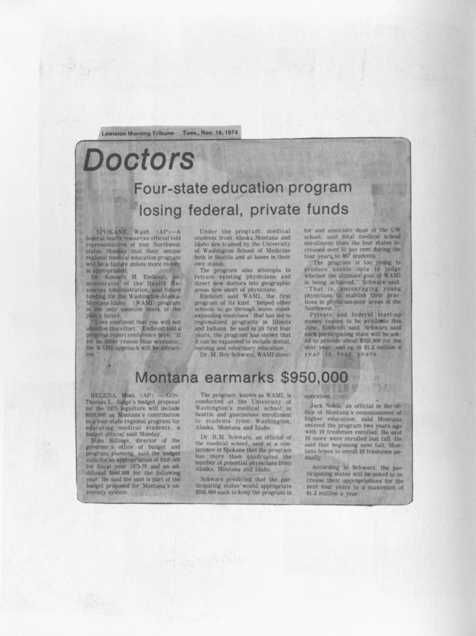 A newspaper clipping about the financial challenges faced by the four-state WAMI education program and the impact on medical training.