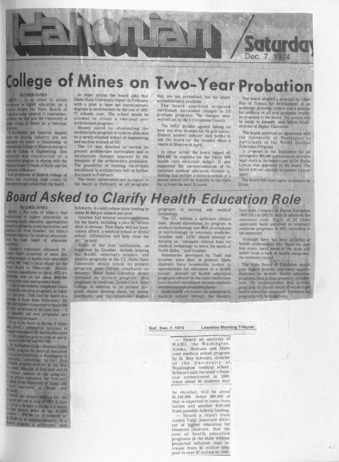 A newspaper clipping addressing the board's request to clarify the health education role. A separate clipping from Lewiston Morning Tribune highlights related issues.