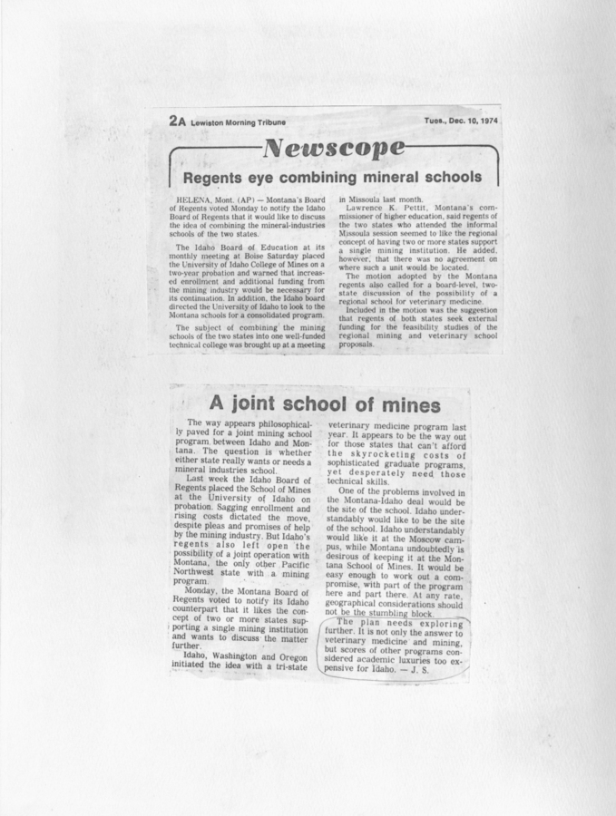 Newspaper clippings on the consideration of combining mineral schools and the potential benefits for the education system.