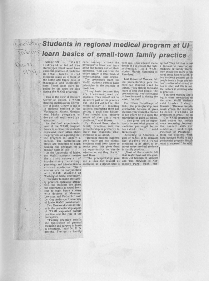 A newspaper clipping detailing how UI students in the WAMI program are learning family practice in small-town settings.