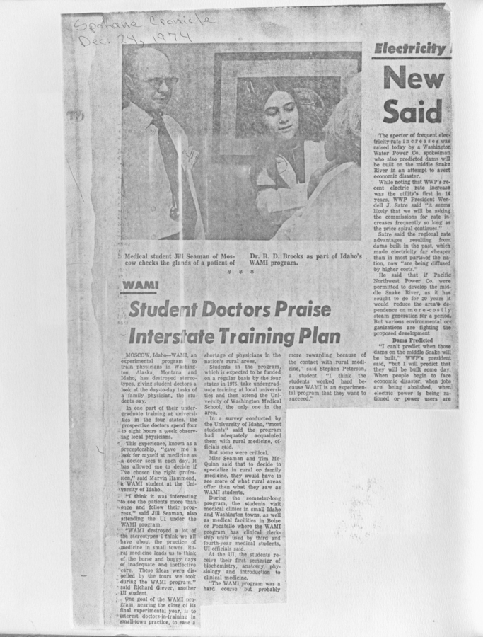 A newspaper clipping featuring student doctors' praise for the WAMI interstate training plan.