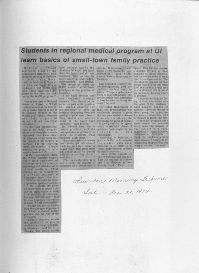 A newspaper clipping detailing how UI students in the WAMI program are learning family practice in small-town settings.