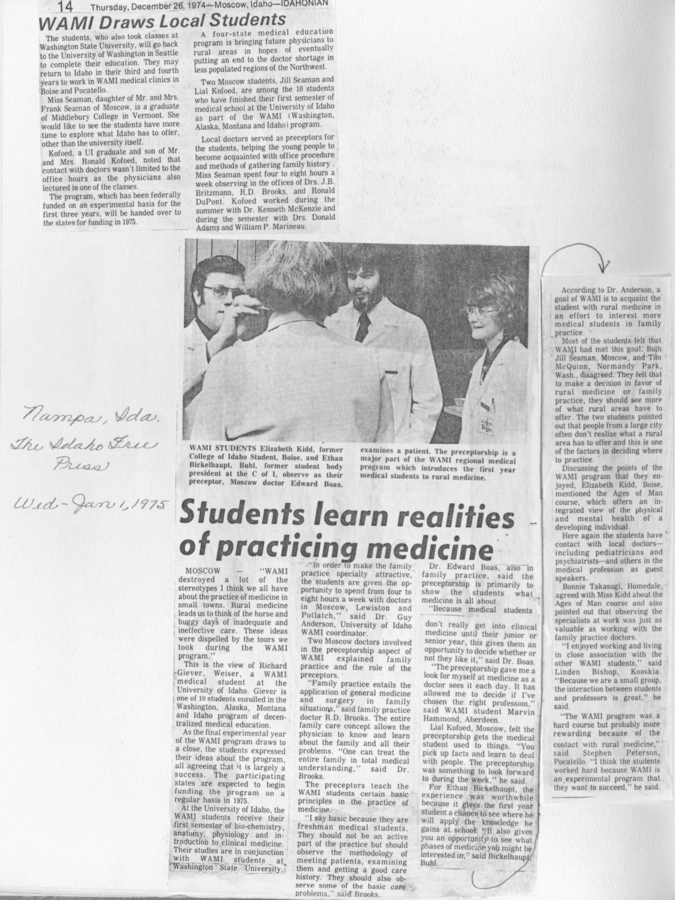 Newspaper clippings detailing the experiences of WAMI students as they learn about the realities of practicing medicine in various settings.