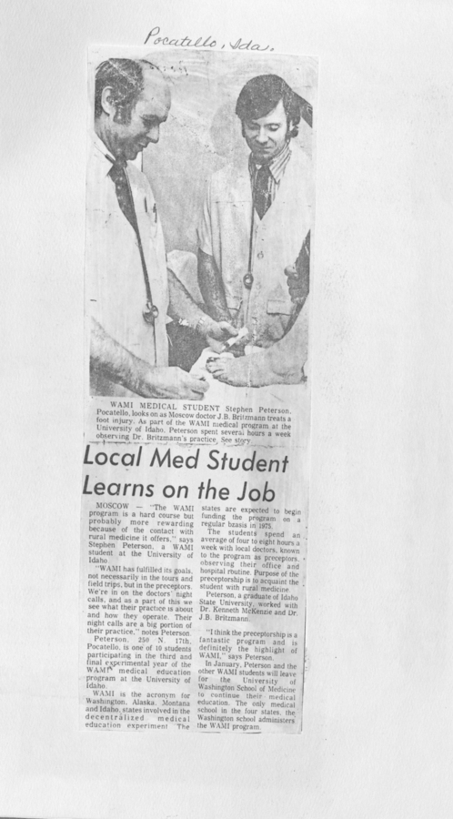 A newspaper clipping about a local medical student's on-the-job learning experience as part of the WAMI program.