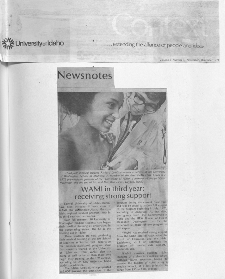 A newspaper clipping discussing the strong support WAMI has received in its third year, including a photograph of a medical student and a doctor.