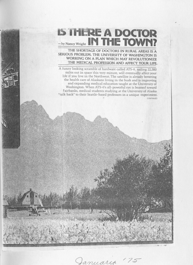 A newspaper clipping discussing the shortage of doctors in rural areas and the University of Washington's innovative solutions to address this issue, including satellite technology.