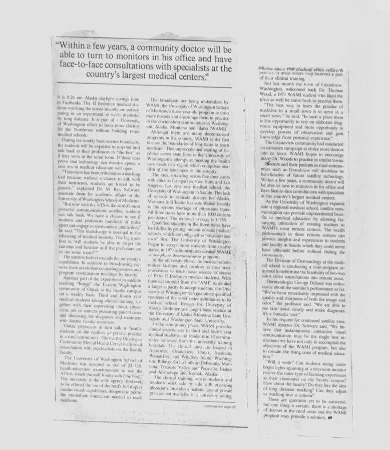 Continuation of the newspaper clipping discussing the shortage of doctors in rural areas and the University of Washington's innovative solutions to address this issue, including satellite technology.