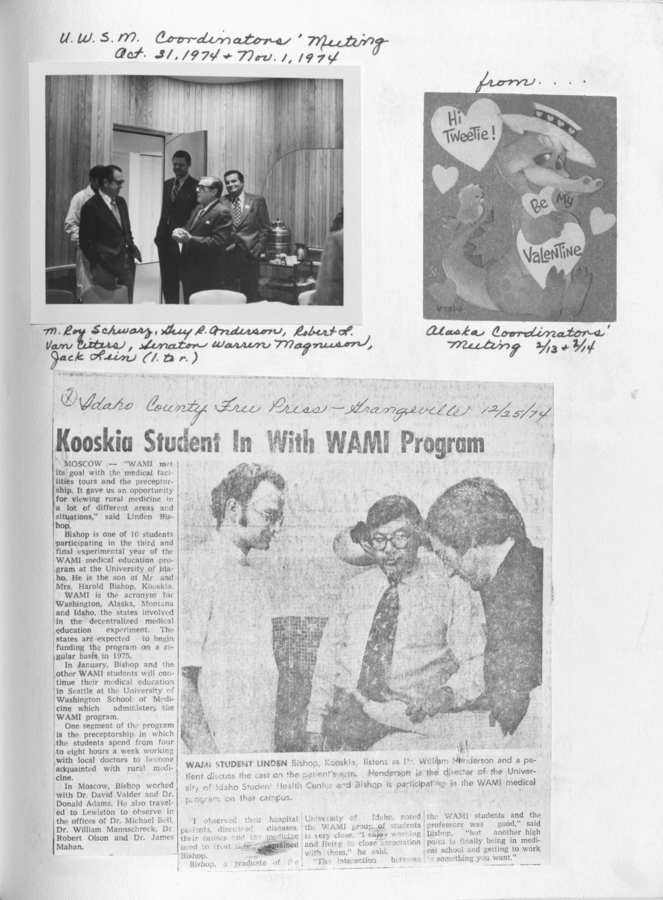 A photograph of WAMI Coordinators' meeting in October-November 1974; Valentine card from Alaska Coordinators' meeting; and an article about Kooskia student involvement in WAMI program.