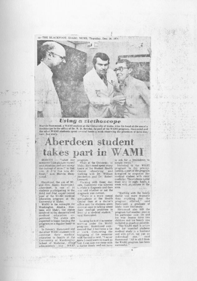 A newspaper clipping about Aberdeen student participating in the WAMI program, including a photograph with WAMI student Marvin Hammond using a stethoscope.