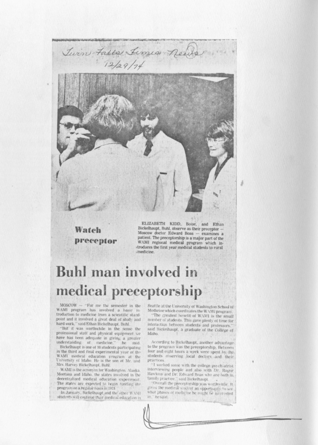 A newspaper clipping about a Buhl man involved in a medical preceptorship program, with a photograph of the WAMI students with their preceptor.