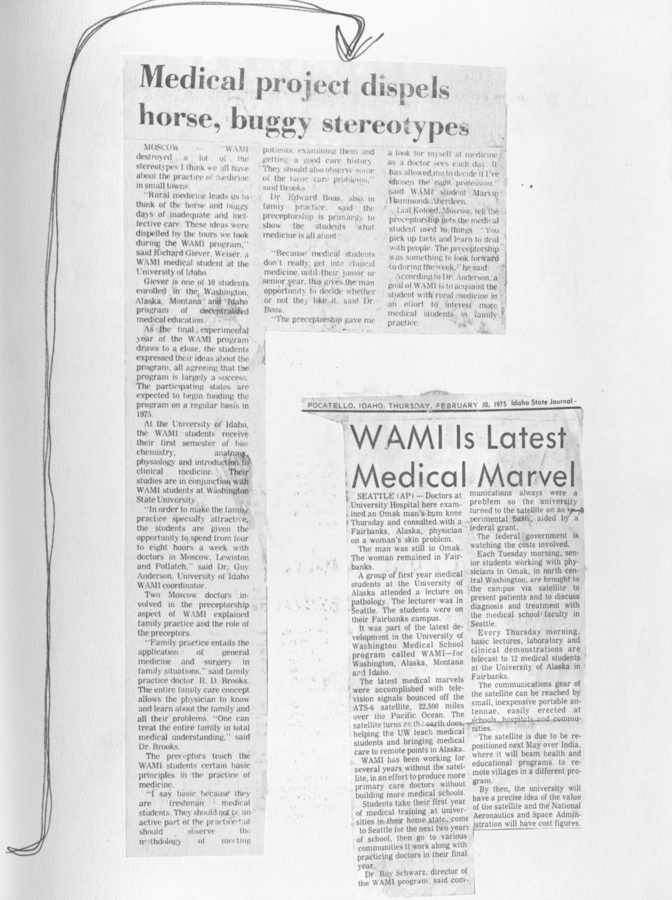 Newspaper clippings dispelling stereotypes about the WAMI medical project and another about WAMI being the latest medical marvel.