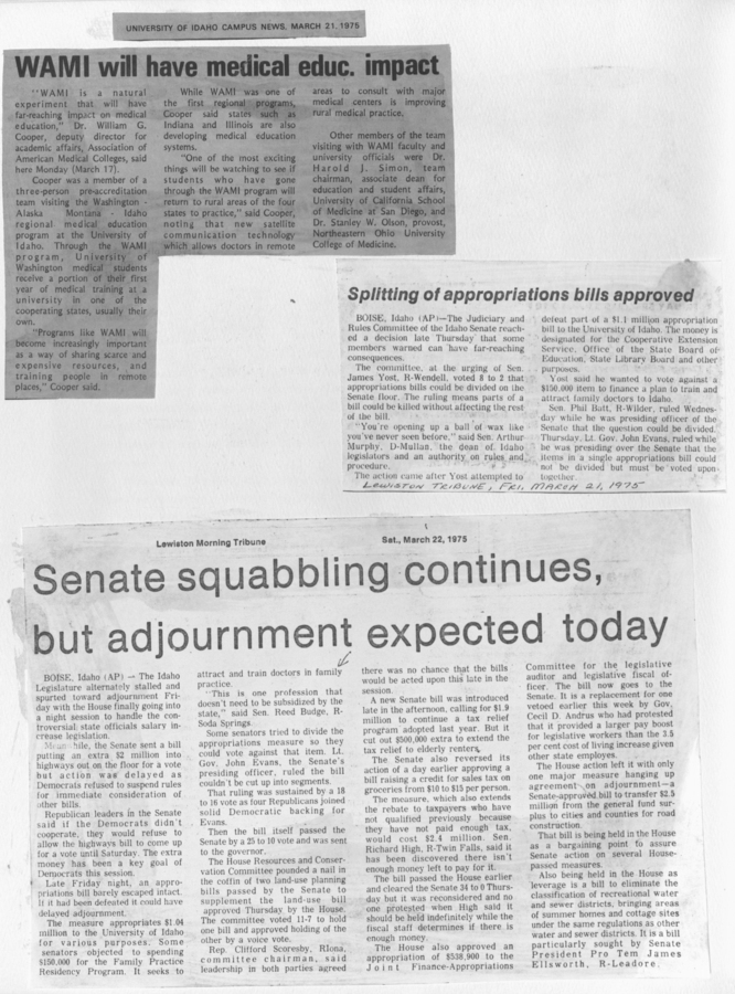 Newspaper clippings discussing WAMI's educational impact, approval of appropriations bill, and Senate squabbling and adjournment.