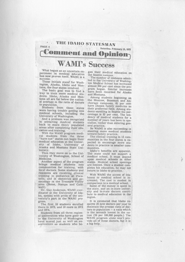 A newspaper clipping of an opinion piece discussing the success of the WAMI program.