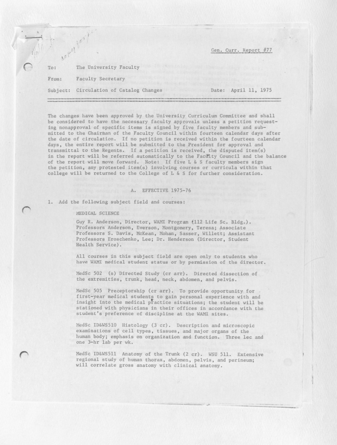 Memo on curriculum changes for the WAMI program effective 1975-76.