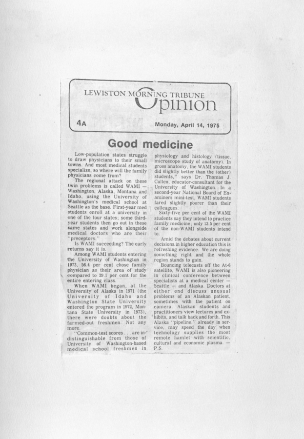 A newspaper clipping from Lewiston Morning Tribune discussing the benefits and success of the WAMI program.