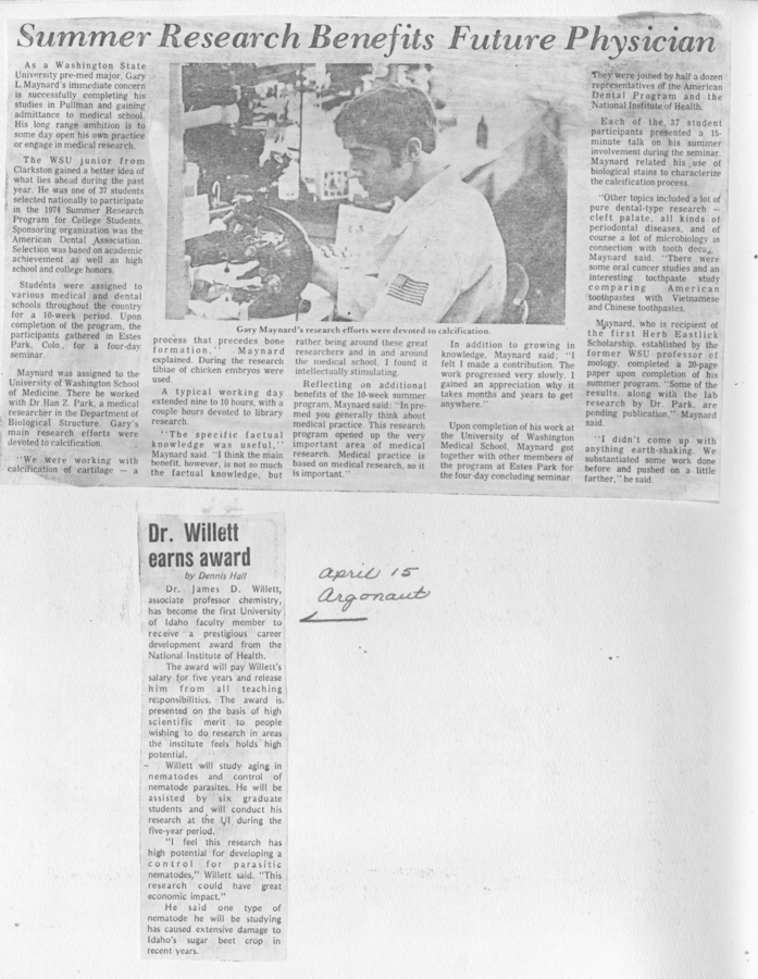 Newspaper clippings discussing a summer research program benefiting future physicians, including a photograph of a student conducting research. Another clipping discusses Dr. James Willett receiving an award.