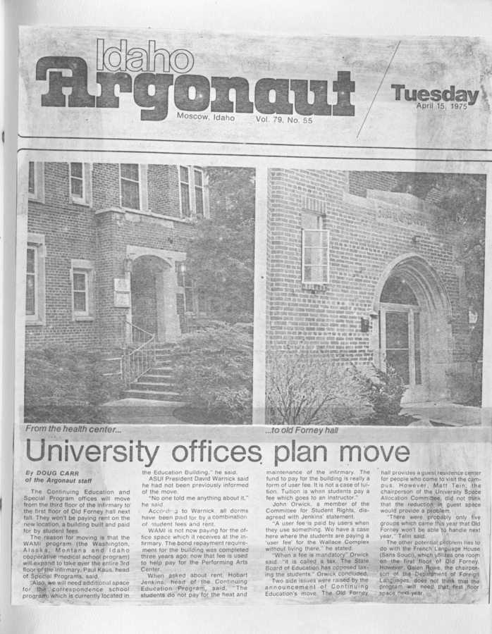 A newspaper clipping from Idaho Argonaut discussing the planned move of university offices, including the WAMI office.