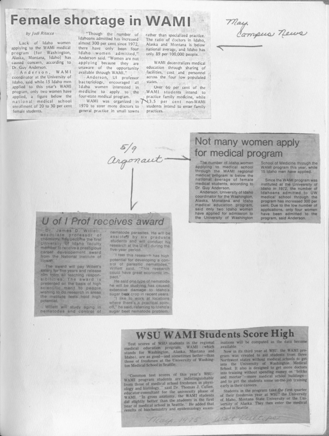 Newspaper clippings about low female applications, a University of Idaho professor receiving an award, and WSU WAMI students achieving high scores.