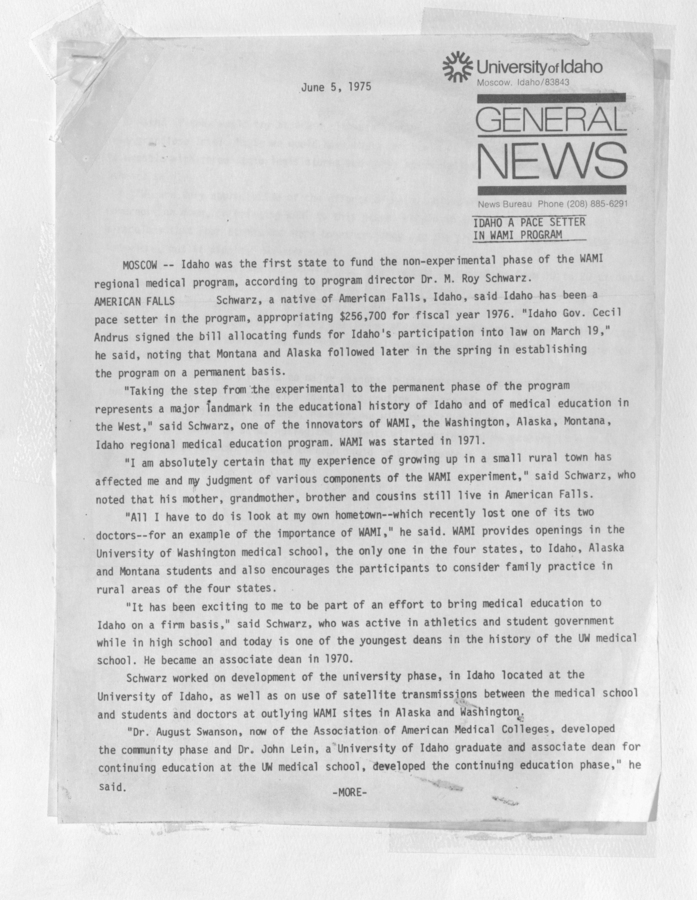 A press release discussing Idaho as the first state to fund the non-experimental phase of the WAMI regional medical program, according to program director Dr. M. Roy Schwarz and Dr. Guy Anderson.